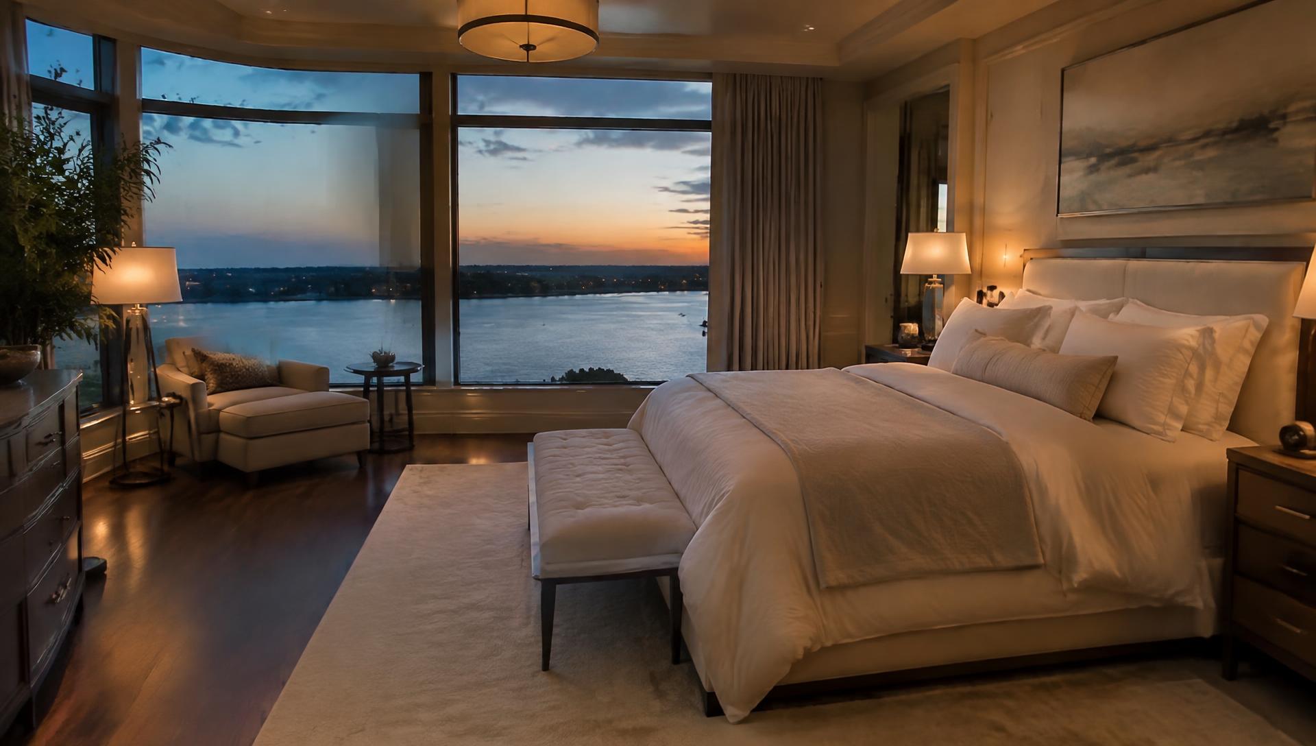 Primary suite with ivory bedding and waterfront views at dusk