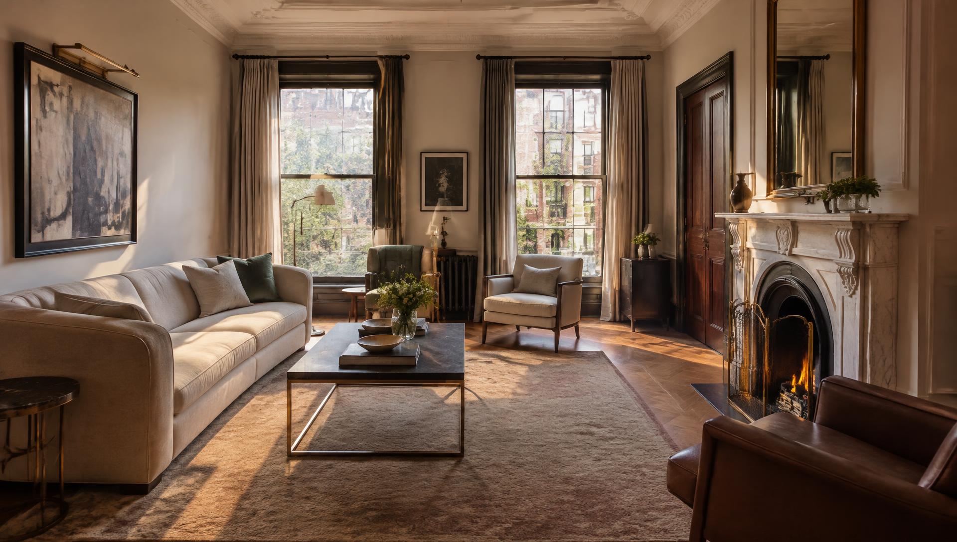 Renovated Hoboken brownstone parlor with marble fireplace