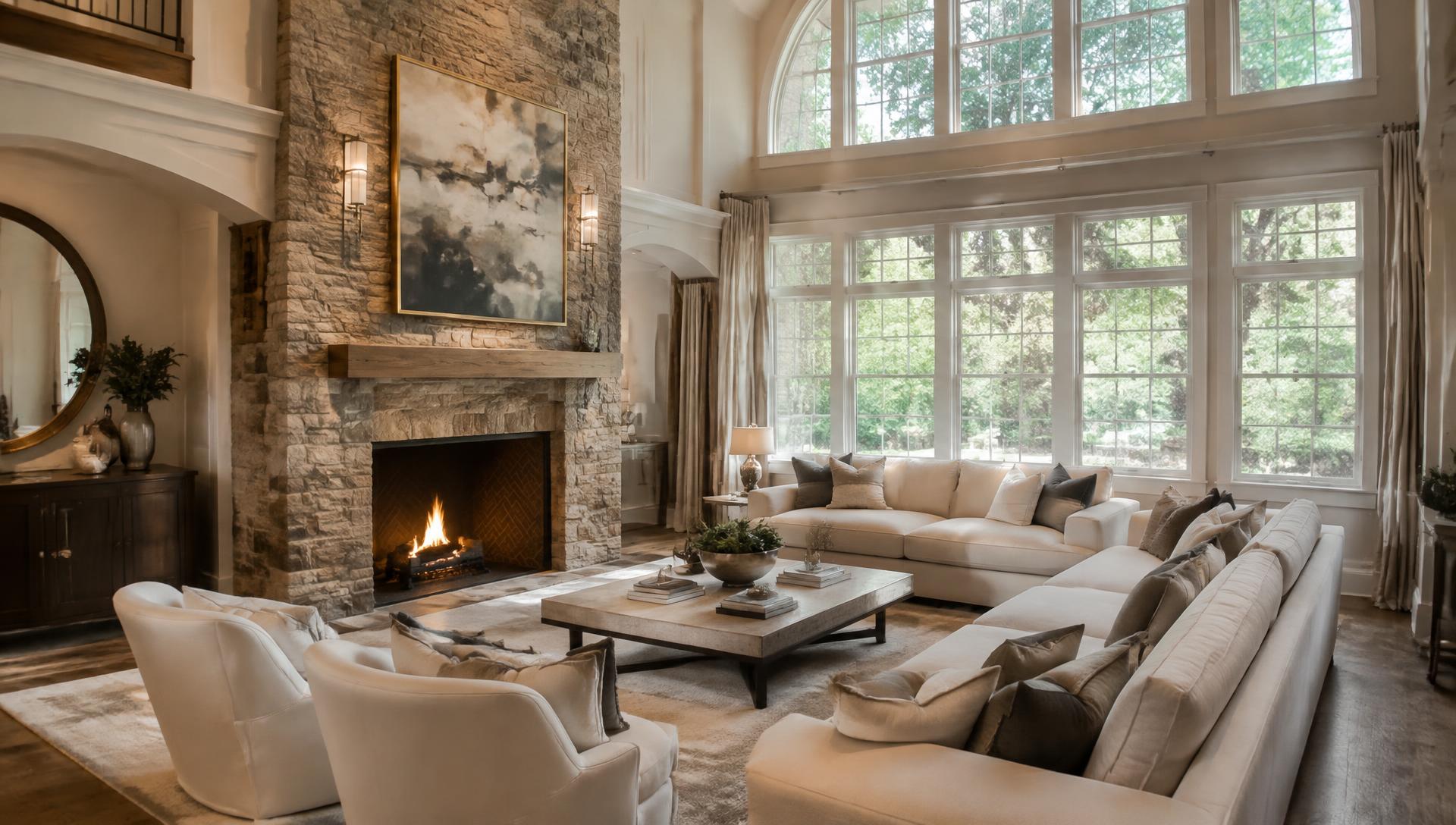 New Jersey estate living room with natural stone fireplace